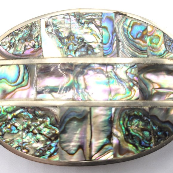Vintage Abalone Shell Mother of Pearl Silver-Tone  Belt Buckle Oval 3" Mexico - Picture 2 of 5
